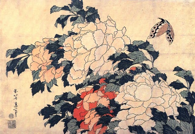 Peonies and Butterfly, Katsushika Hokusai