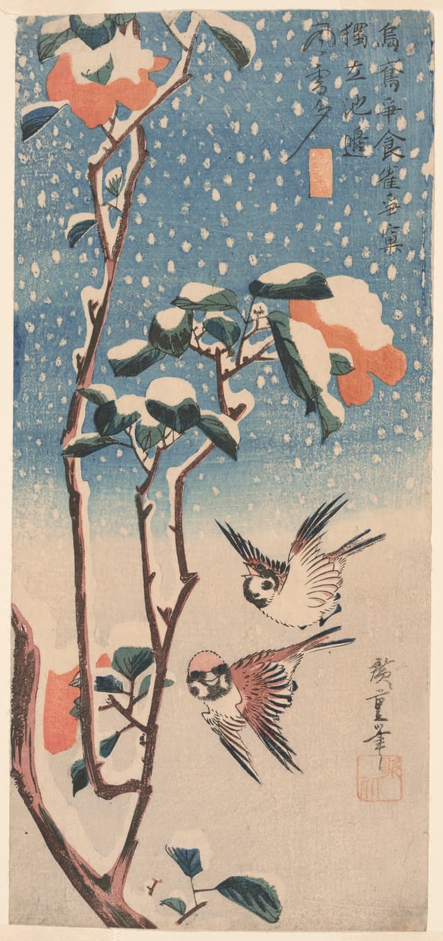 Sparrows and Camellia in Snow, Utagawa Hiroshige