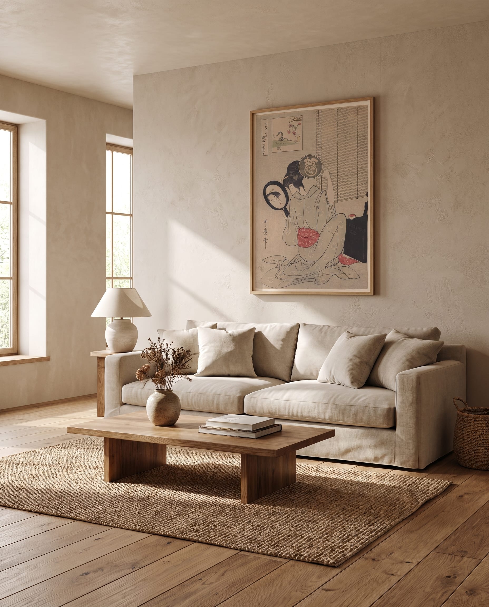 A Utamaro beauty print in a natural wood frame above a linen sofa in a Japandi living room
