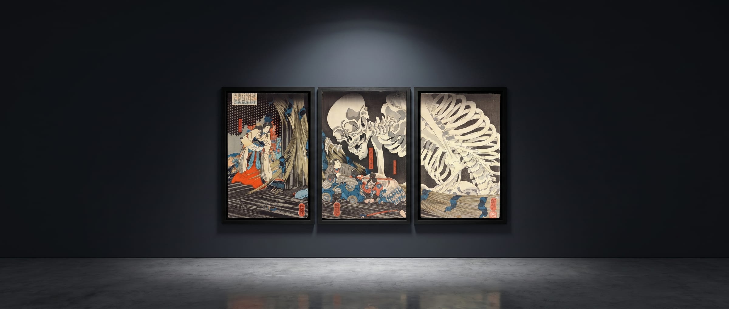 Takiyasha the Witch triptych hung as three aligned panels on a gallery wall